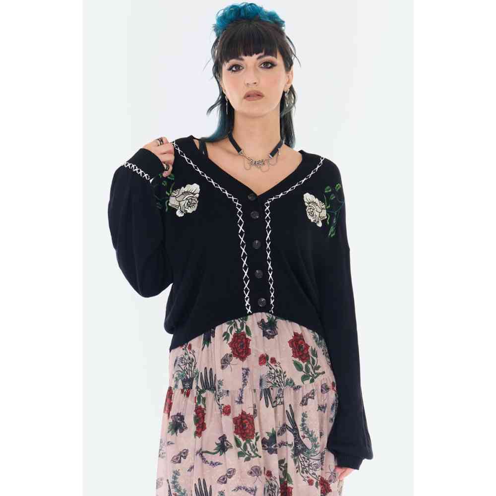 Jawbreaker - White Rose Embroidered Oversized Cardigan - Black